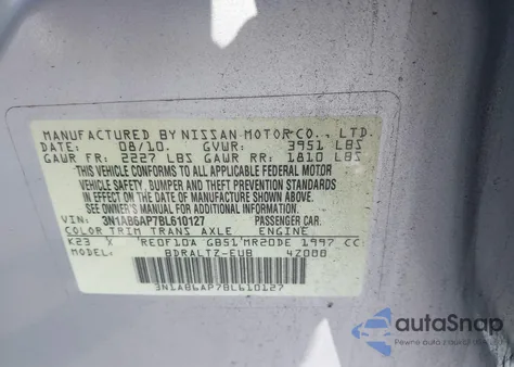 2011 Nissan Sentra 2.0S z USA, uszkodzony, nr VIN 3N1AB6AP7BL610127